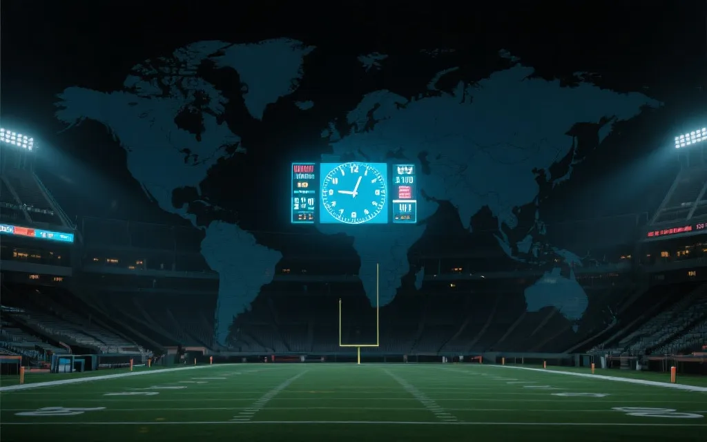 夜幕下的足球场与计时牌，象征决赛临近与时间锁定
